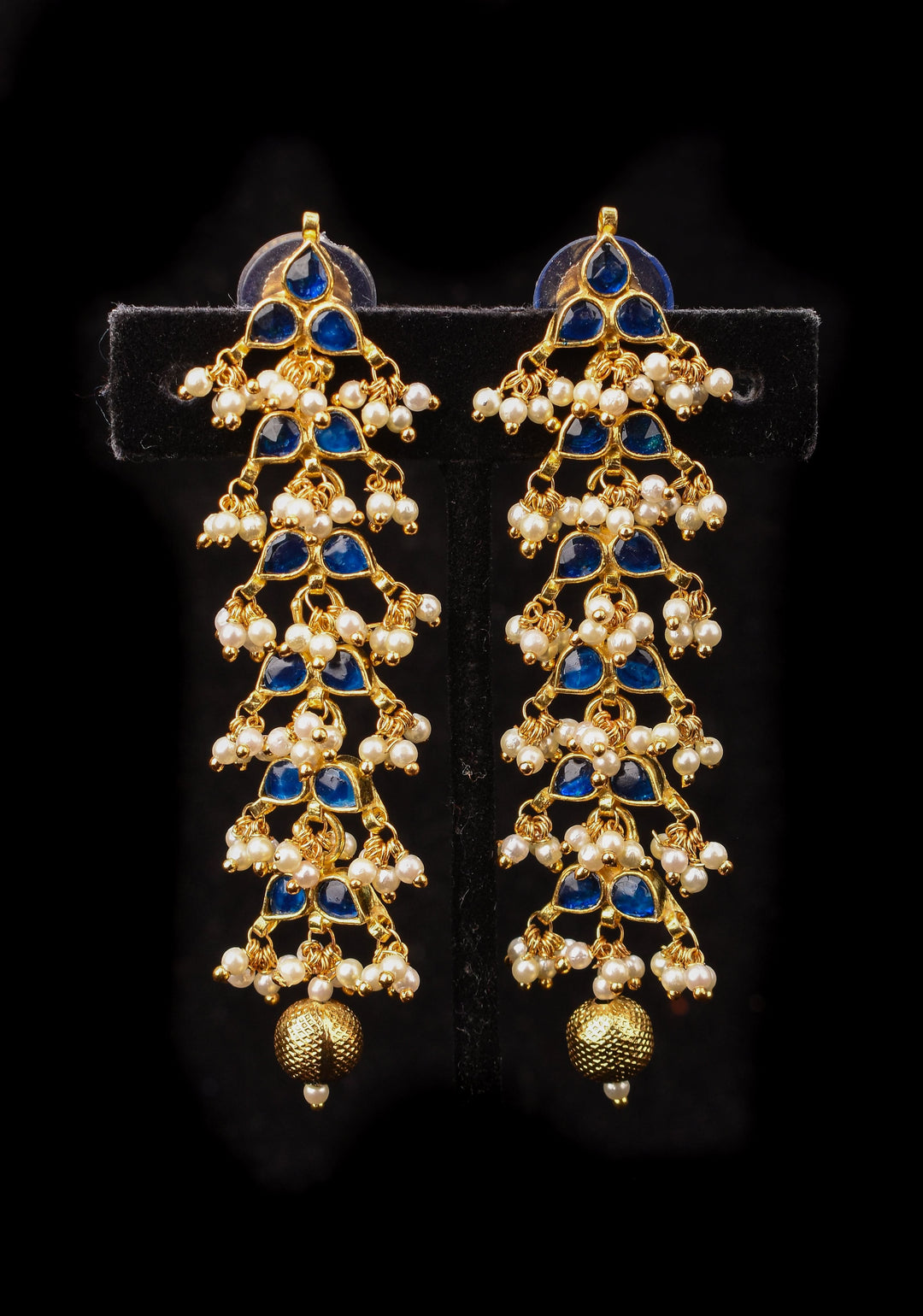 3 Inch Jadau Earrings in Tiered Leaf design with Blue Stones and dainty Pearls beads