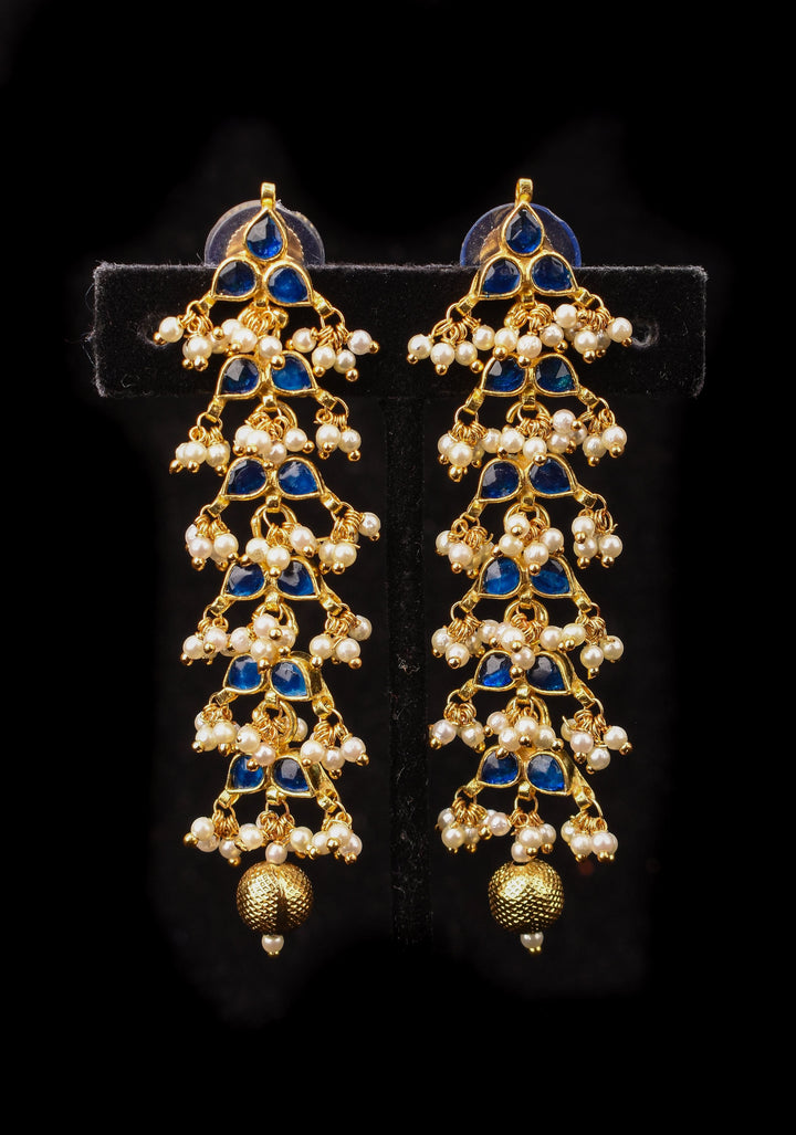 3 Inch Jadau Earrings in Tiered Leaf design with Blue Stones and dainty Pearls beads
