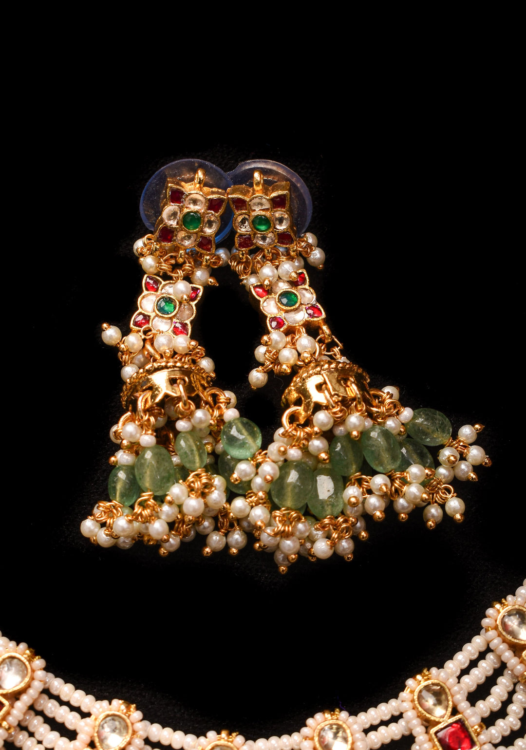 Multistrand beads Red and White stones Jadau Necklale Set with green dangling Beads | Shobitam Jewelry