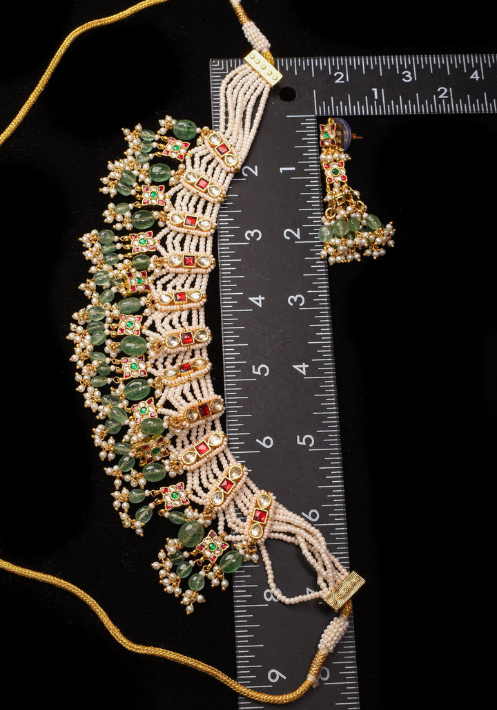 Multistrand beads Red and White stones Jadau Necklale Set with green dangling Beads | Shobitam Jewelry