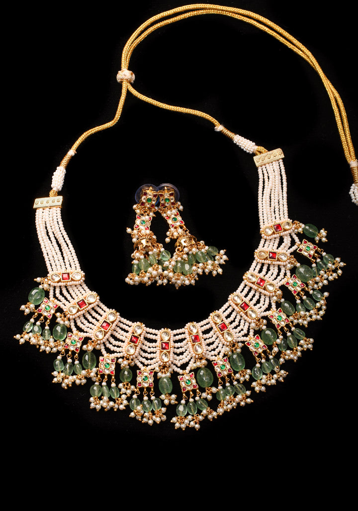 Multistrand beads Red and White stones Jadau Necklale Set with green dangling Beads | Shobitam Jewelry