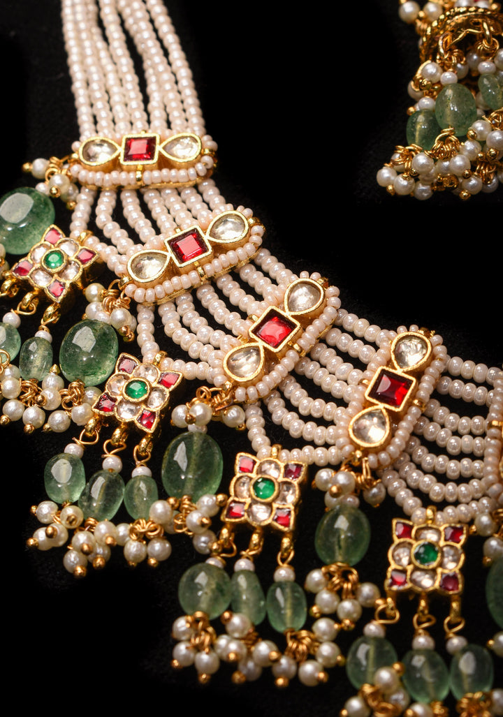 Multistrand beads Red and White stones Jadau Necklale Set with green dangling Beads | Shobitam Jewelry