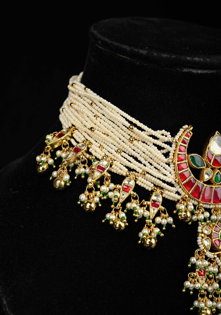 Multistrand Pearl with Chand Kundan Choker Set with dangling pearls