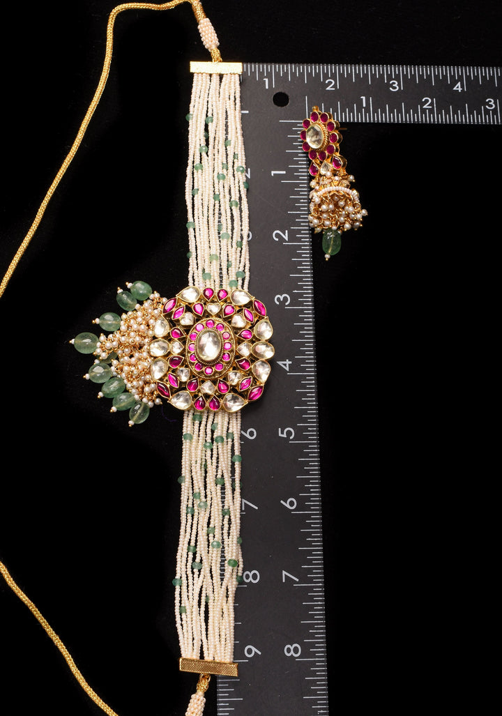 Ahmedabadi kundan multistrand necklace set with dangling pearl clusters | Shobitam Jewelry