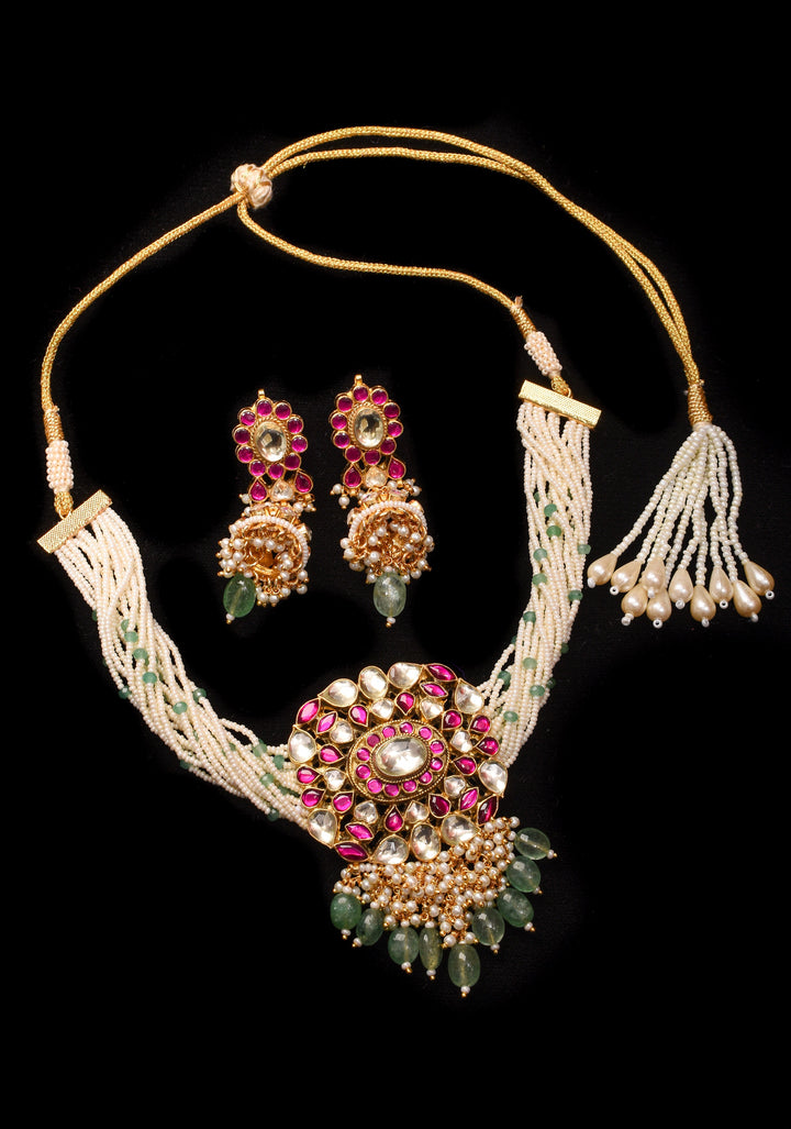 Ahmedabadi kundan multistrand necklace set with dangling pearl clusters | Shobitam Jewelry