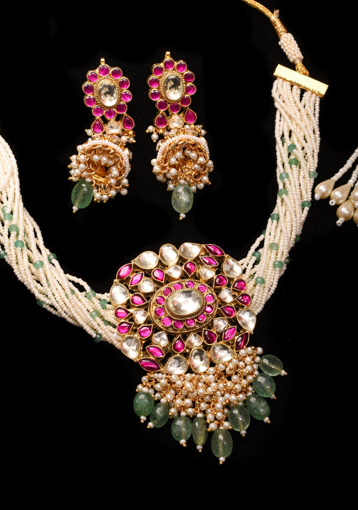 Ahmedabadi kundan multistrand necklace set with dangling pearl clusters | Shobitam Jewelry