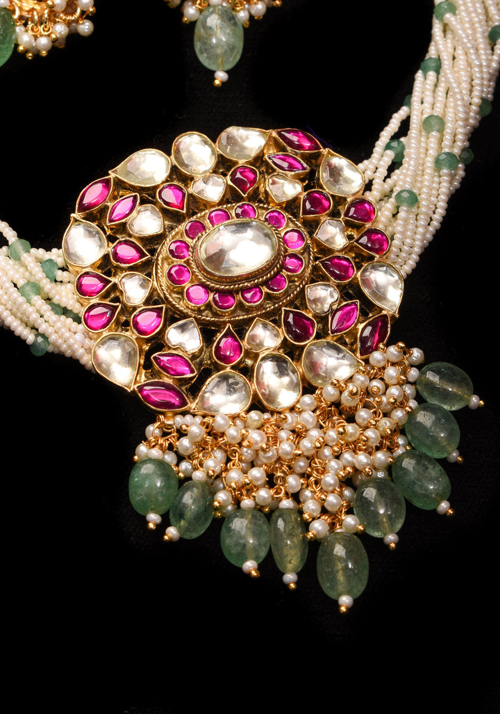 Ahmedabadi kundan multistrand necklace set with dangling pearl clusters | Shobitam Jewelry