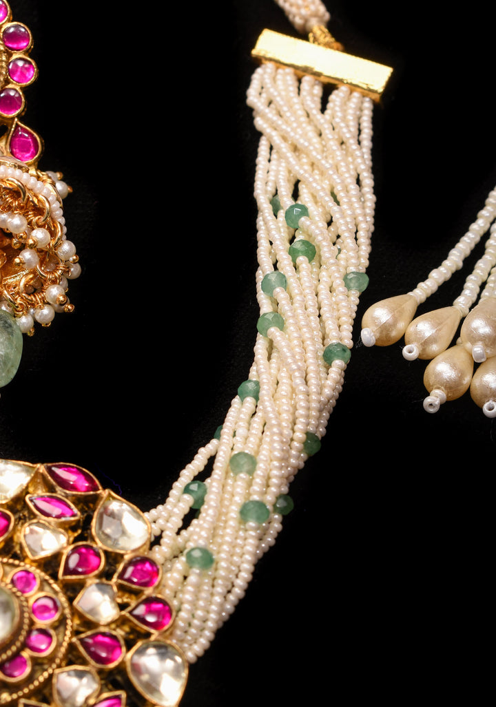 Ahmedabadi kundan multistrand necklace set with dangling pearl clusters | Shobitam Jewelry