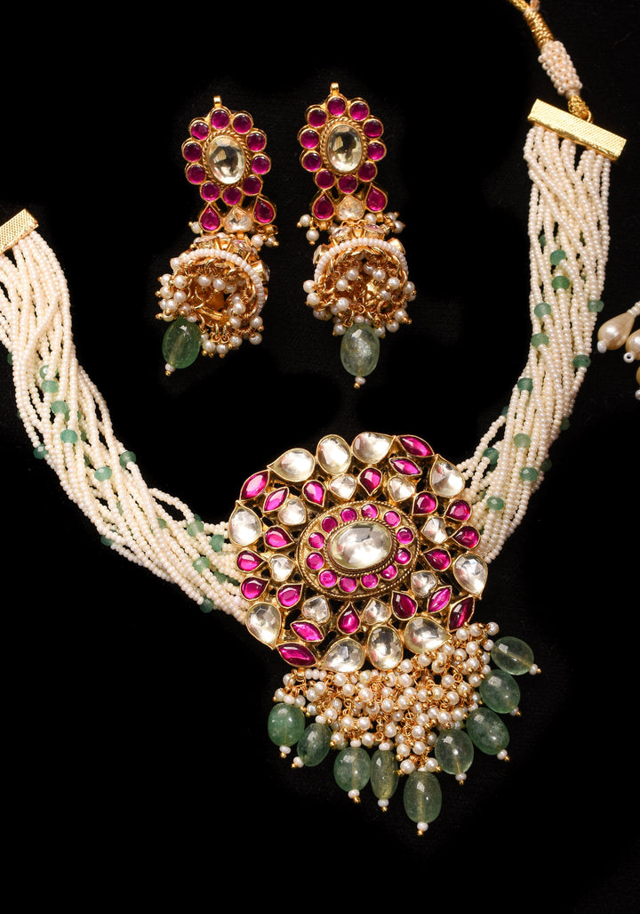 Ahmedabadi kundan multistrand necklace set with dangling pearl clusters | Shobitam Jewelry