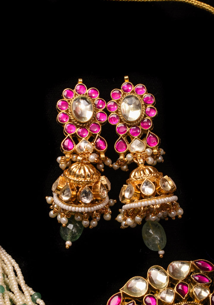 Ahmedabadi kundan multistrand necklace set with dangling pearl clusters | Shobitam Jewelry