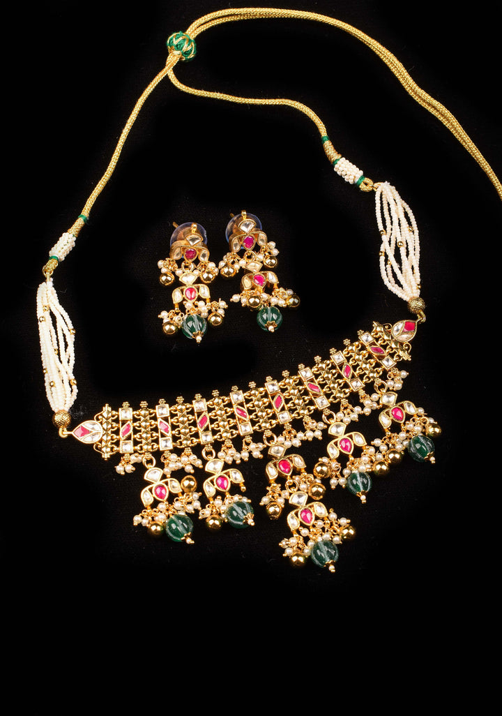 Antique Multistrand Gold Tone Flexible Floral design Simple Necklace Set with green dangling beads