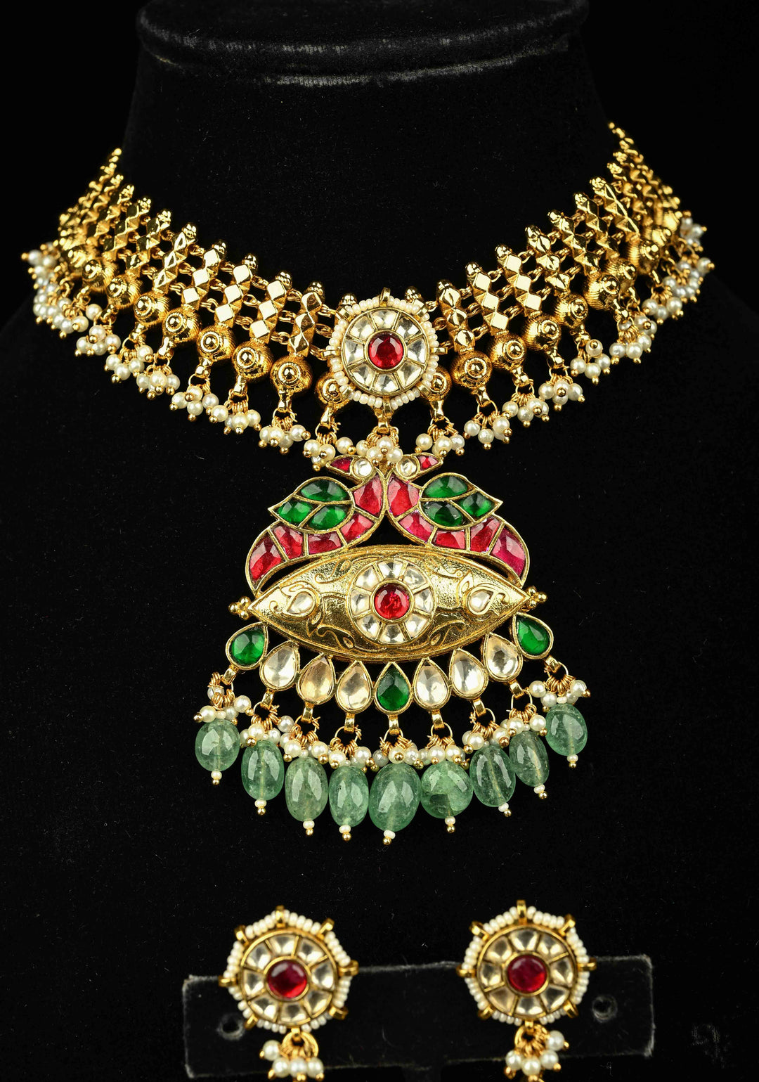 Microplated Gold Tone Flexible Design Necklace Set with Floral Jadau Center and Dangling Beads | SHOBITAM