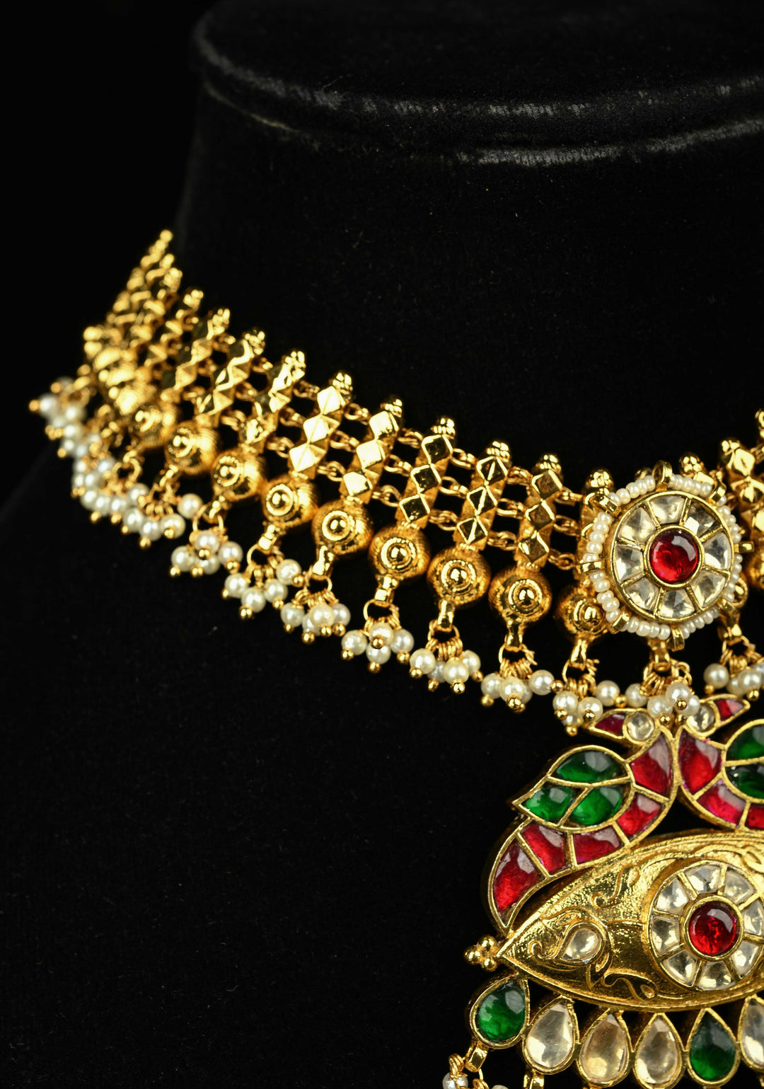 Microplated Gold Tone Flexible Design Necklace Set with Floral Jadau Center and Dangling Beads | SHOBITAM