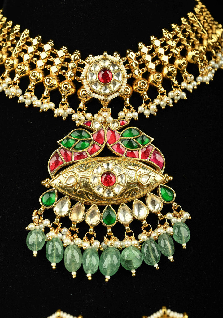 Microplated Gold Tone Flexible Design Necklace Set with Floral Jadau Center and Dangling Beads | SHOBITAM