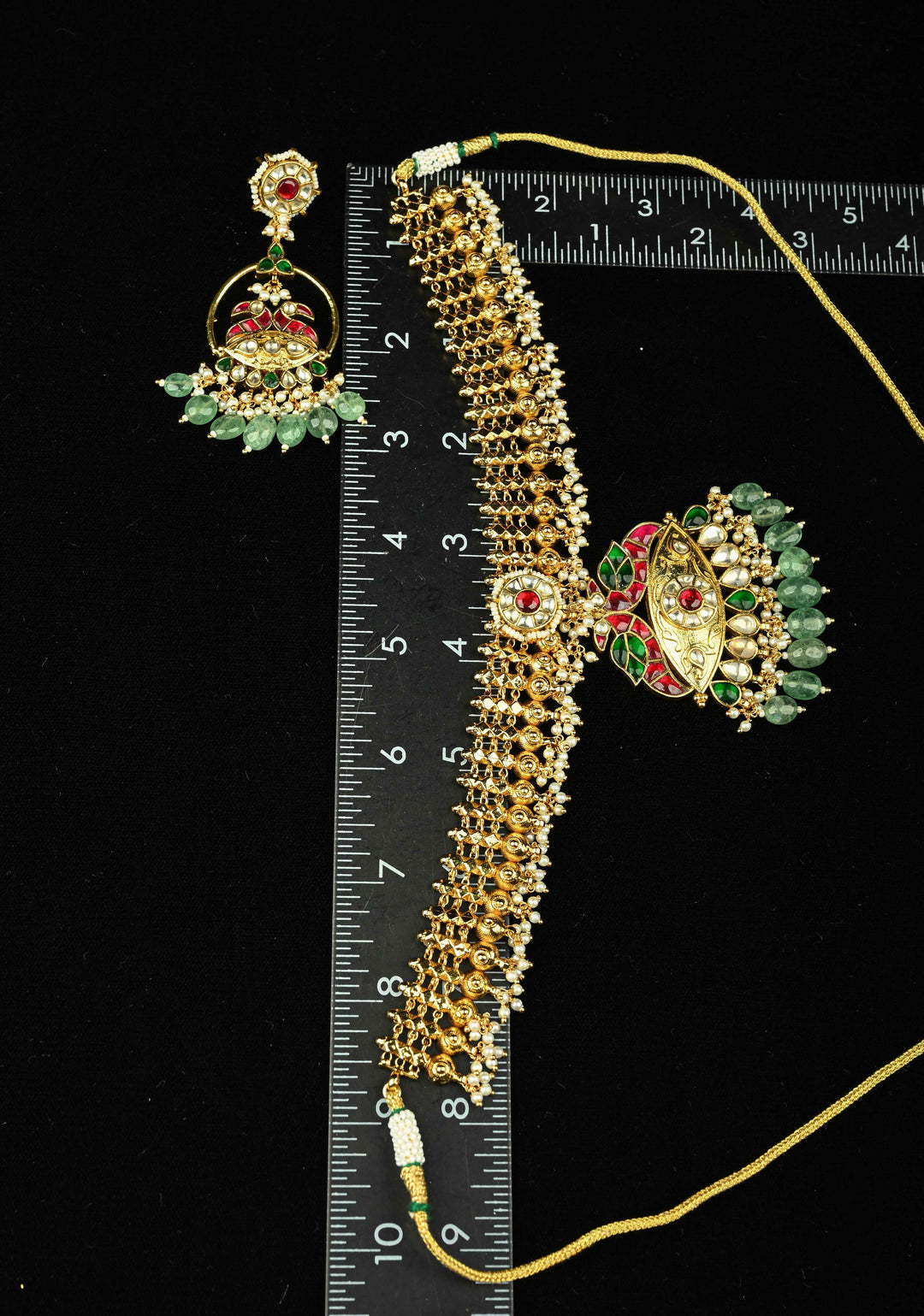Microplated Gold Tone Flexible Design Necklace Set with Floral Jadau Center and Dangling Beads | SHOBITAM