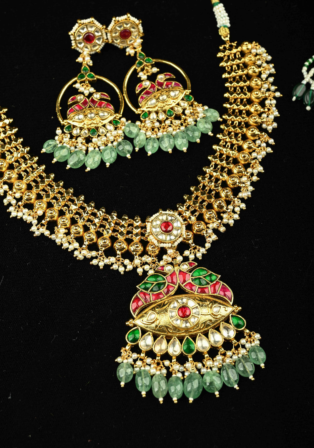 Microplated Gold Tone Flexible Design Necklace Set with Floral Jadau Center and Dangling Beads | SHOBITAM