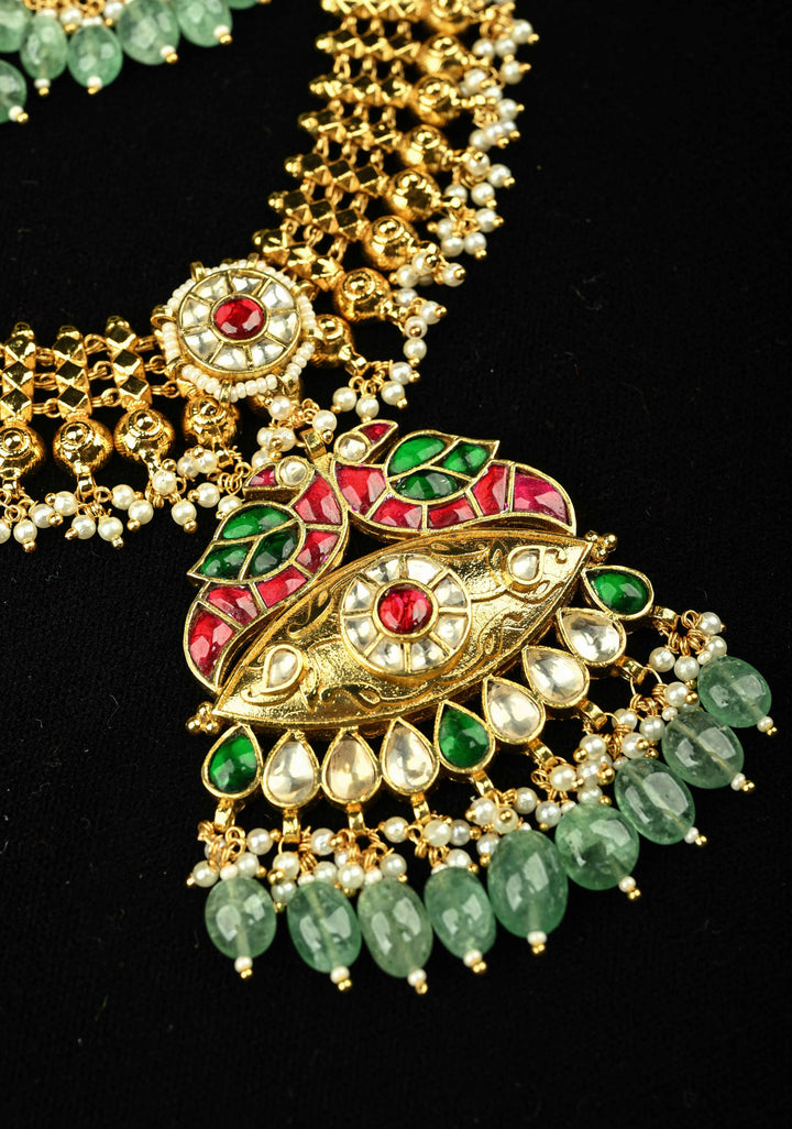 Microplated Gold Tone Flexible Design Necklace Set with Floral Jadau Center and Dangling Beads | SHOBITAM