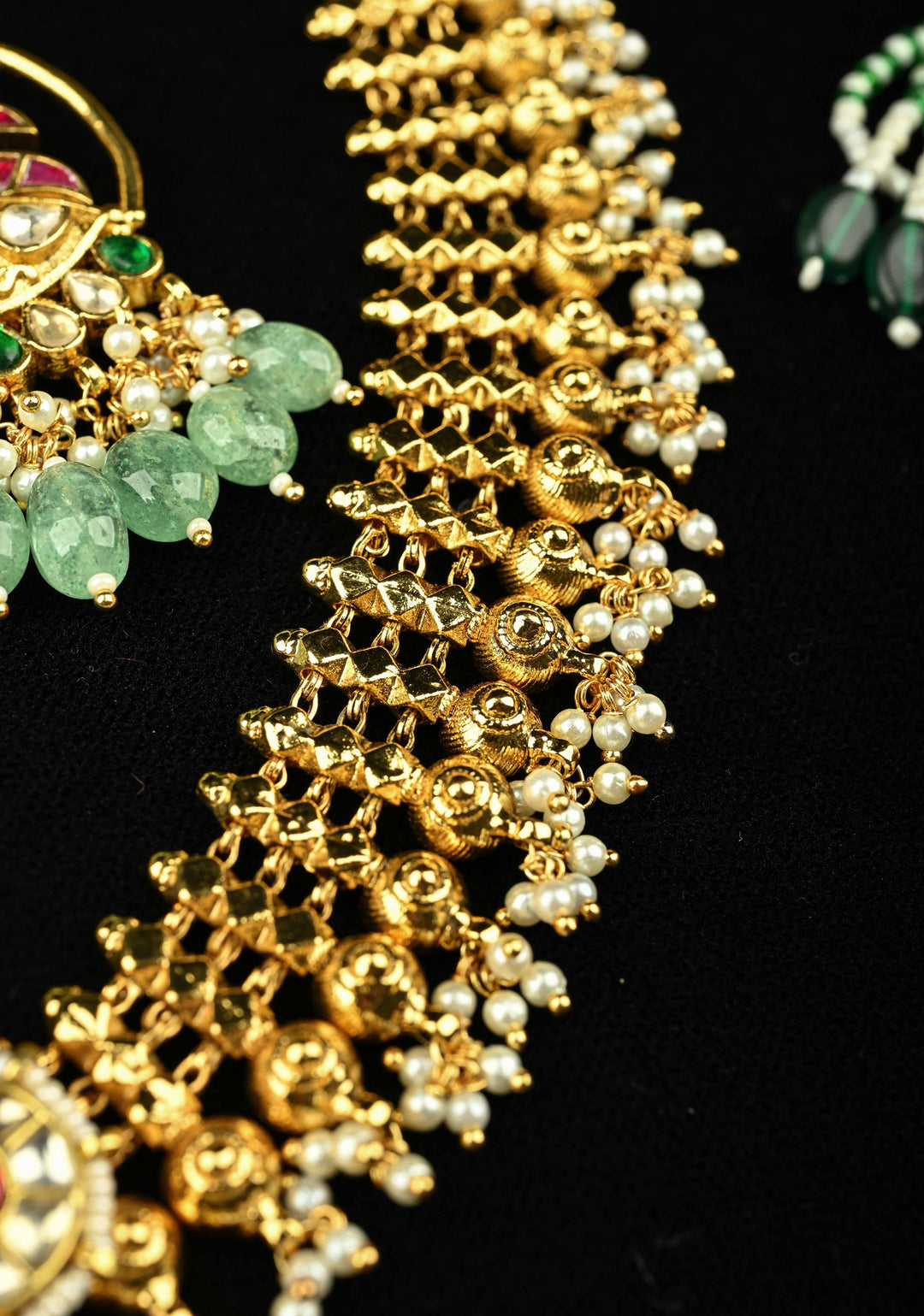 Microplated Gold Tone Flexible Design Necklace Set with Floral Jadau Center and Dangling Beads | SHOBITAM