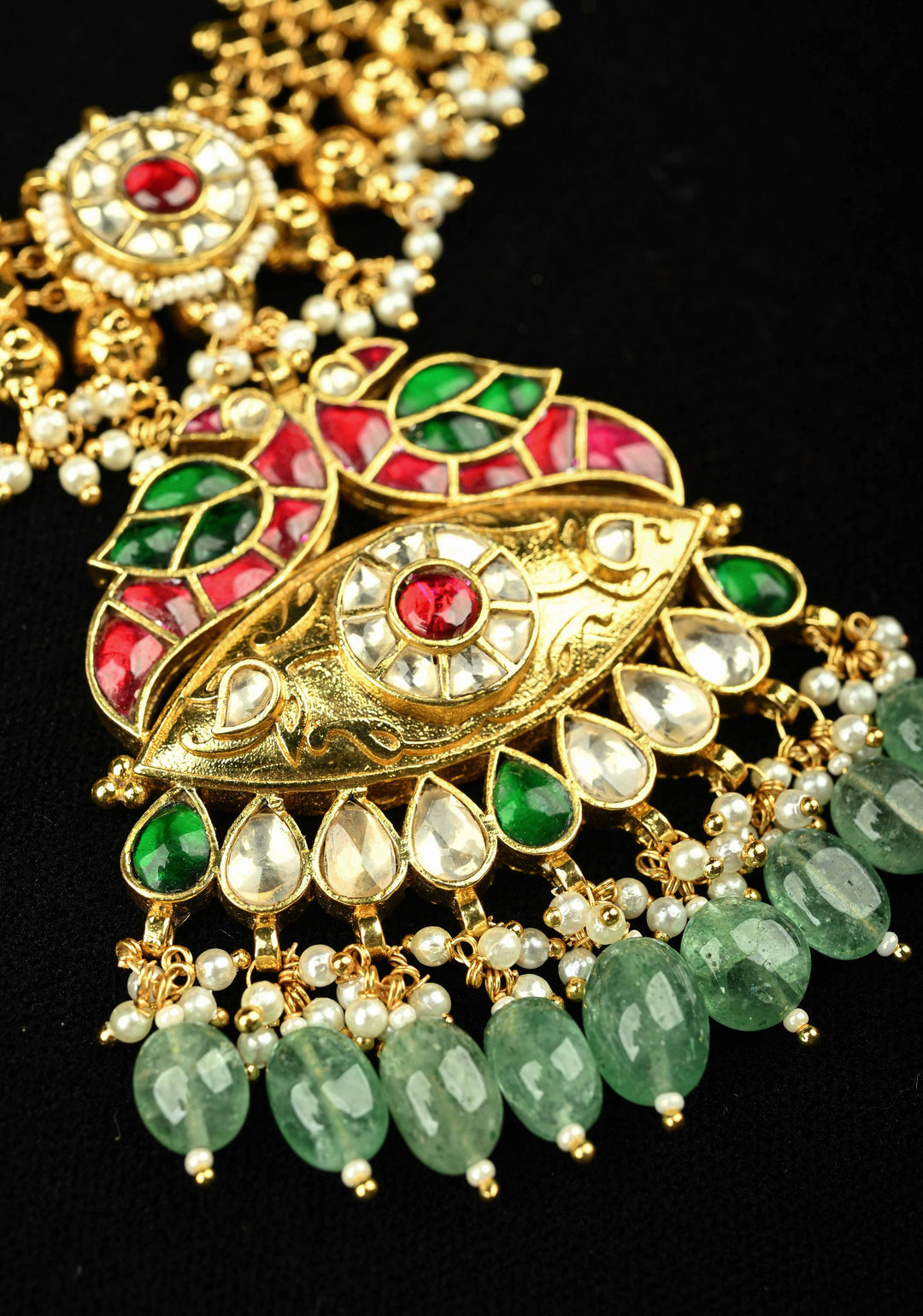 Microplated Gold Tone Flexible Design Necklace Set with Floral Jadau Center and Dangling Beads | SHOBITAM