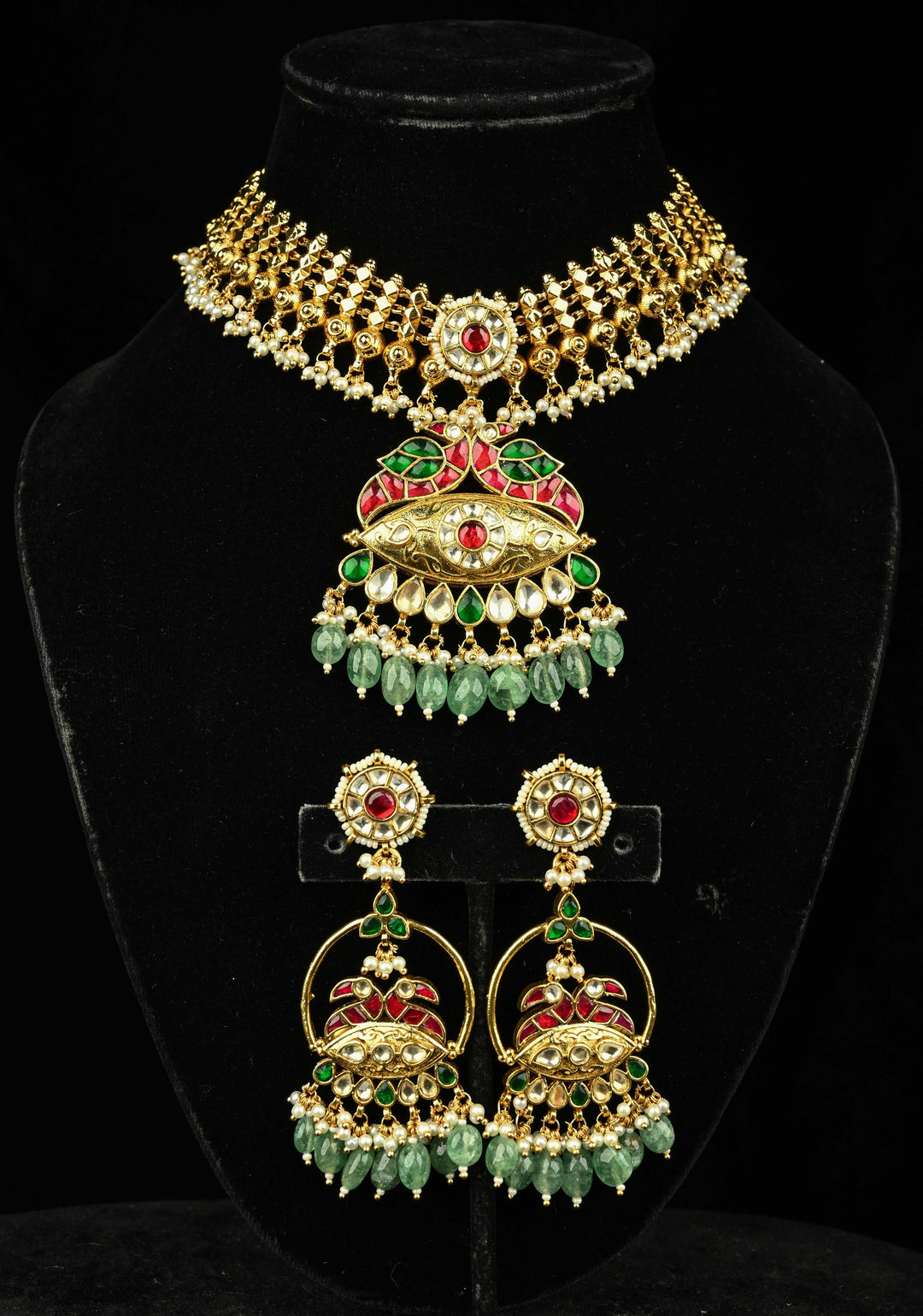 Microplated Gold Tone Flexible Design Necklace Set with Floral Jadau Center and Dangling Beads | SHOBITAM