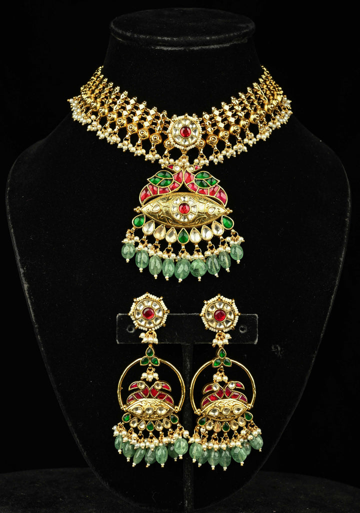 Microplated Gold Tone Flexible Design Necklace Set with Floral Jadau Center and Dangling Beads | SHOBITAM