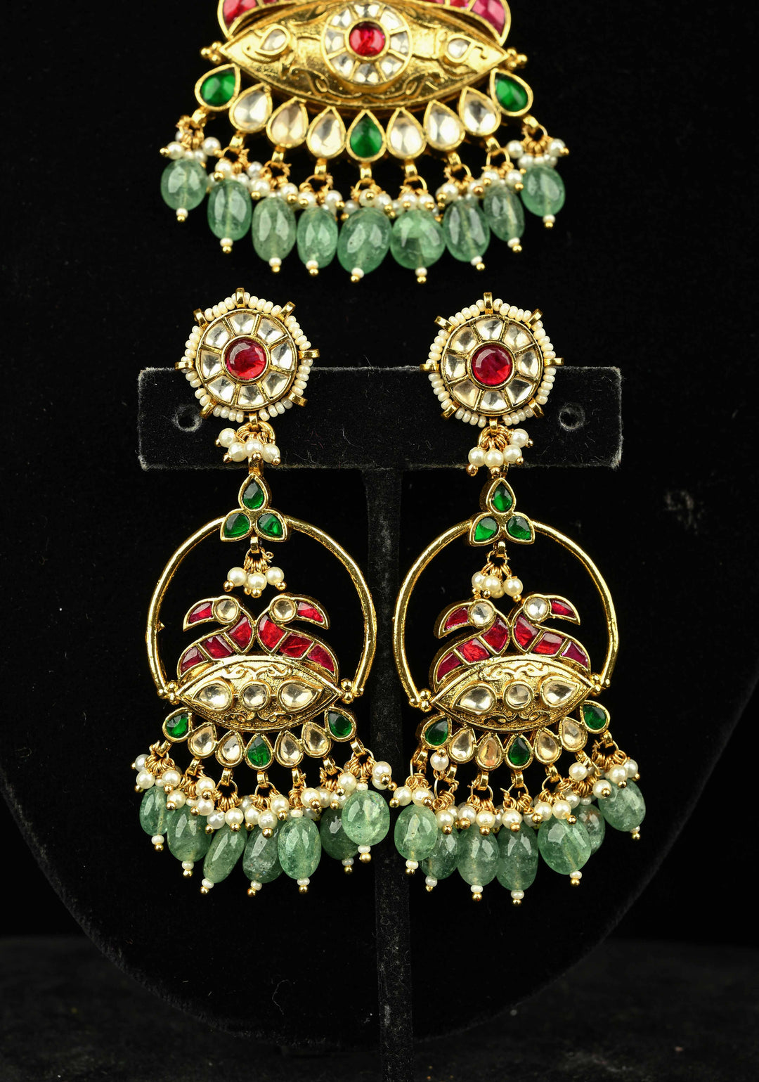 Microplated Gold Tone Flexible Design Necklace Set with Floral Jadau Center and Dangling Beads | SHOBITAM