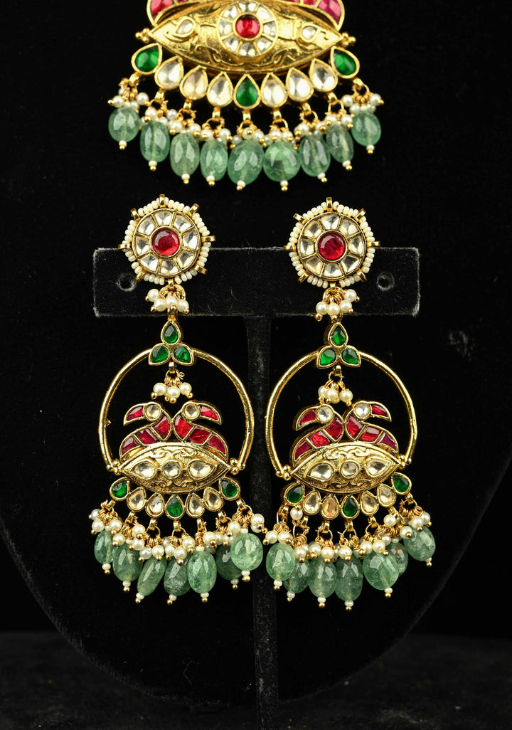 Microplated Gold Tone Flexible Design Necklace Set with Floral Jadau Center and Dangling Beads | SHOBITAM