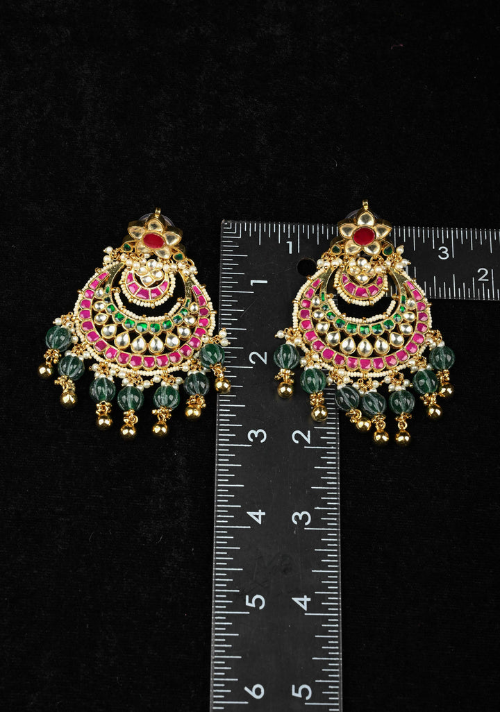 Ahmedabadi Jadau Kundan Chandbali Earrings with Gemstone Embellishments