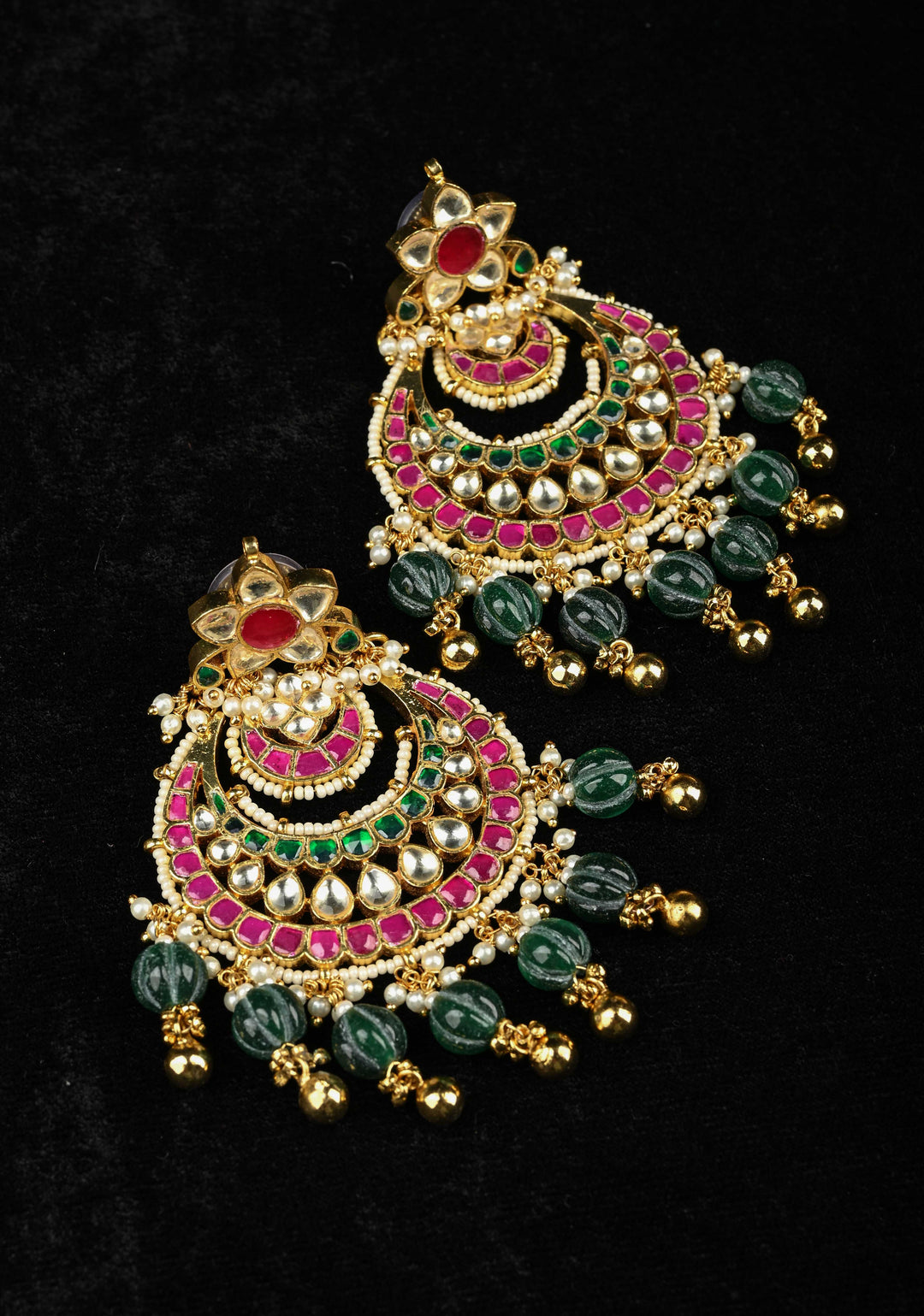 Ahmedabadi Jadau Kundan Chandbali Earrings with Gemstone Embellishments