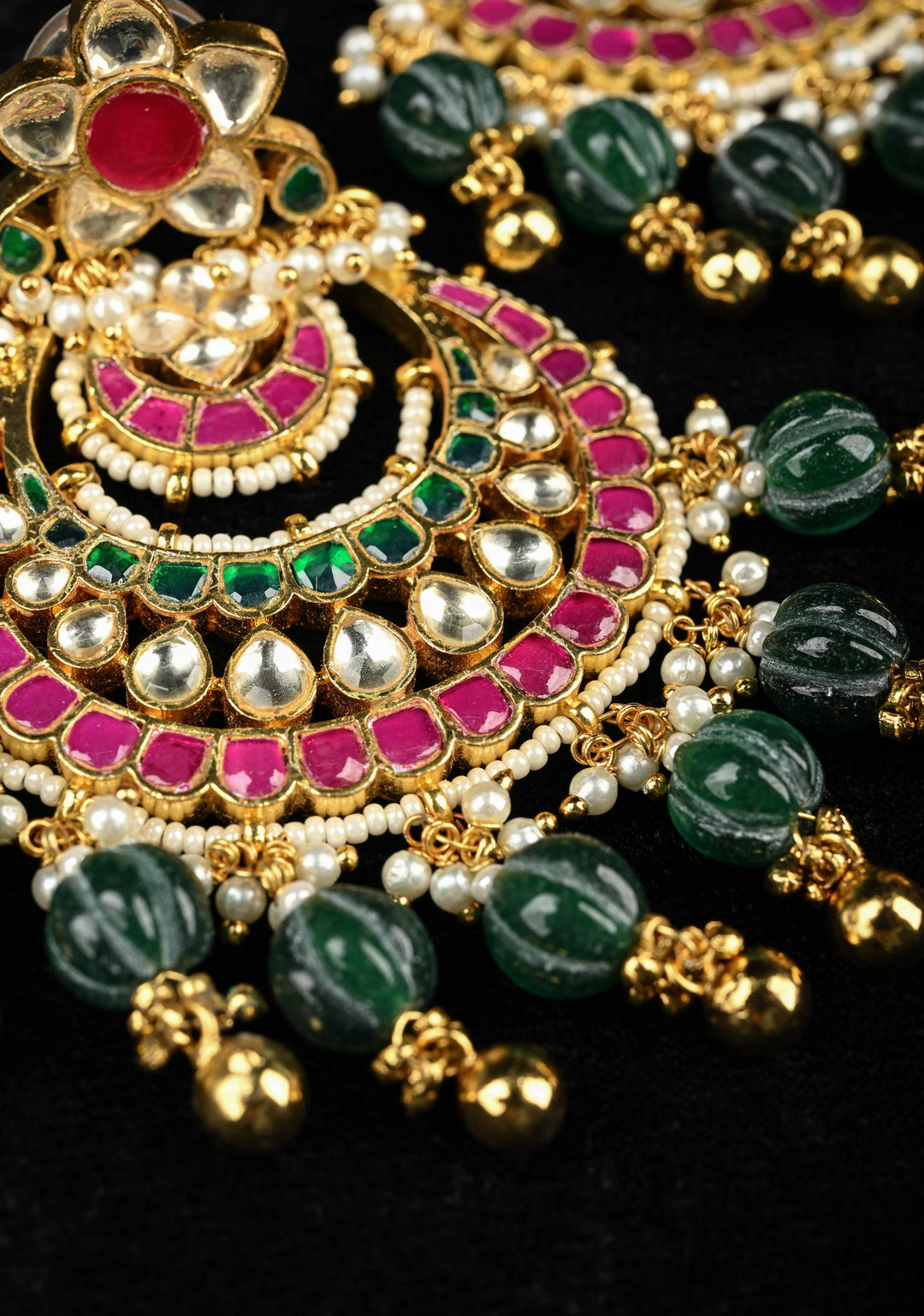 Ahmedabadi Jadau Kundan Chandbali Earrings with Gemstone Embellishments