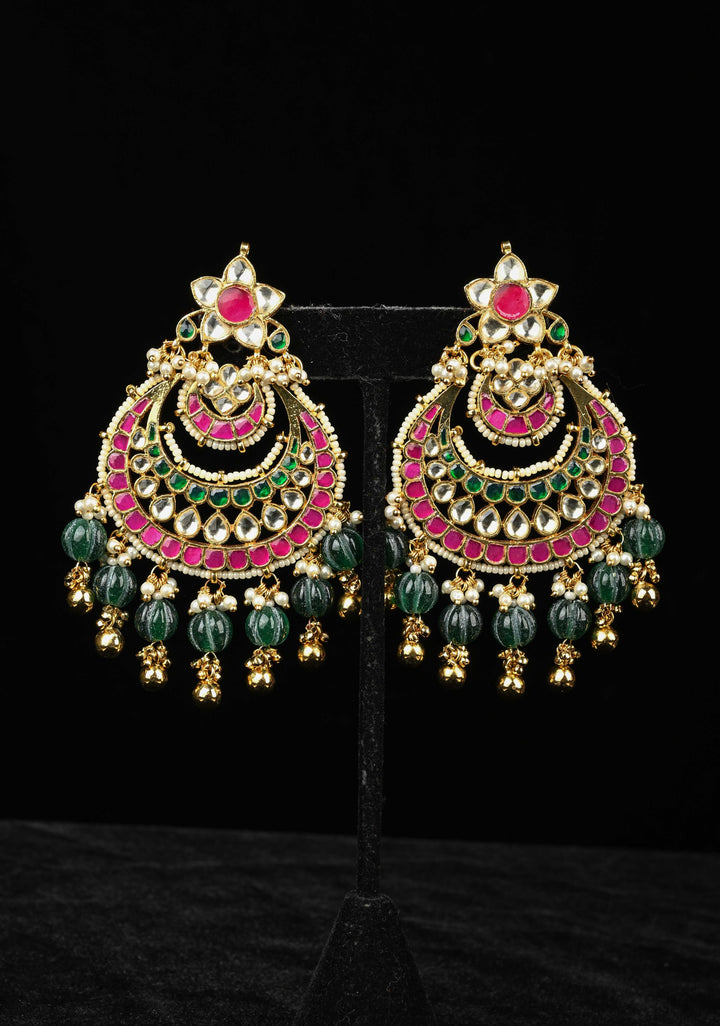 Ahmedabadi Jadau Kundan Chandbali Earrings with Gemstone Embellishments