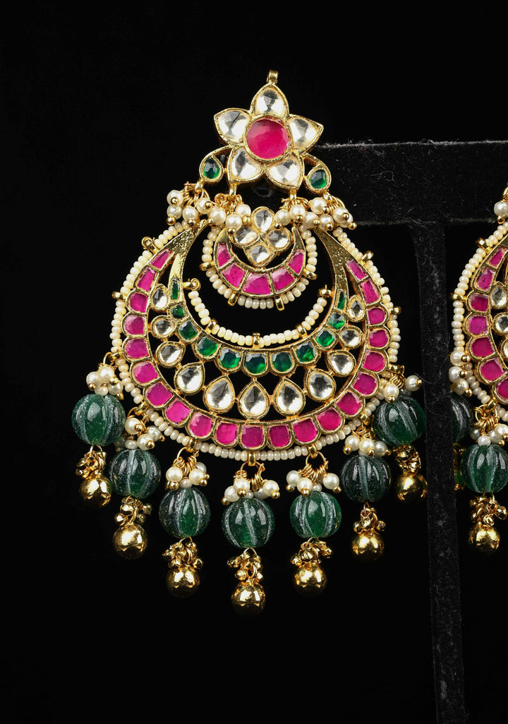 Ahmedabadi Jadau Kundan Chandbali Earrings with Gemstone Embellishments