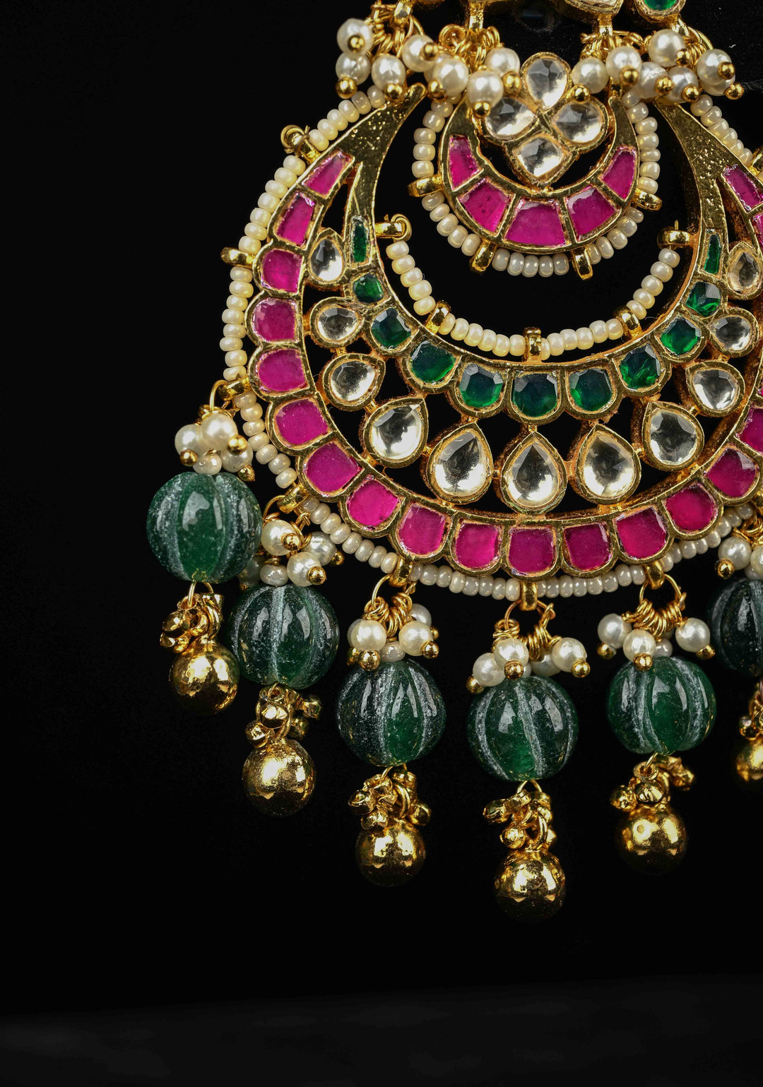 Ahmedabadi Jadau Kundan Chandbali Earrings with Gemstone Embellishments