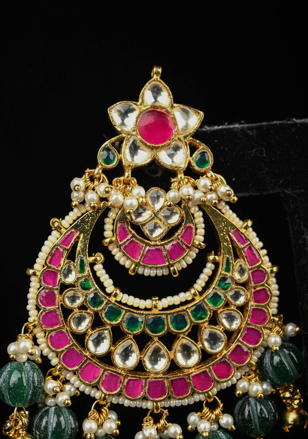 Ahmedabadi Jadau Kundan Chandbali Earrings with Gemstone Embellishments