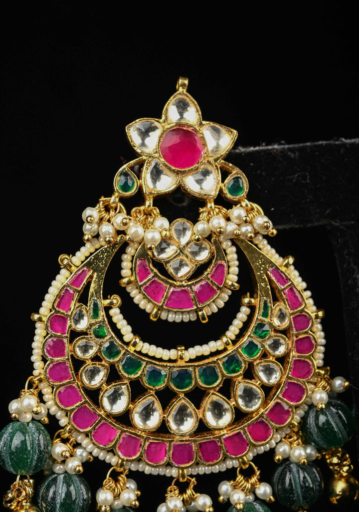 Ahmedabadi Jadau Kundan Chandbali Earrings with Gemstone Embellishments