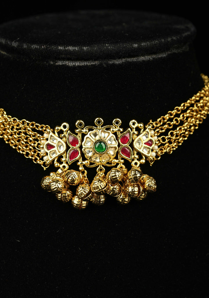 5-Strand Gold Chain Necklace Set with Floral Pendant and Pearls | SHOBITAM