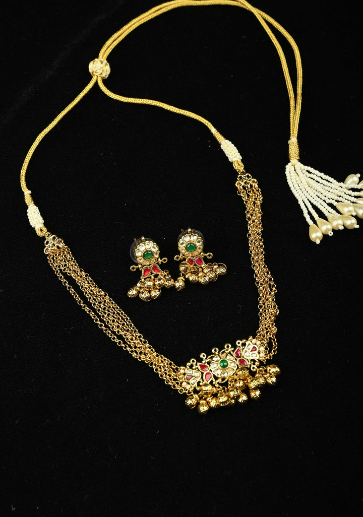 5-Strand Gold Chain Necklace Set with Floral Pendant and Pearls | SHOBITAM