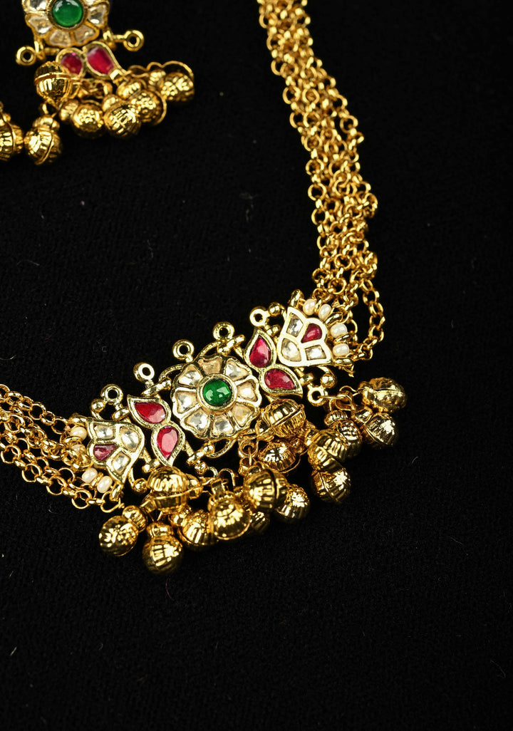 5-Strand Gold Chain Necklace Set with Floral Pendant and Pearls | SHOBITAM