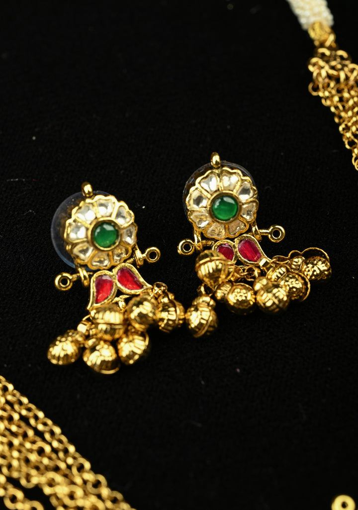 5-Strand Gold Chain Necklace Set with Floral Pendant and Pearls | SHOBITAM