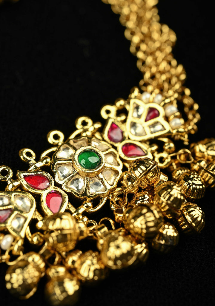 5-Strand Gold Chain Necklace Set with Floral Pendant and Pearls | SHOBITAM