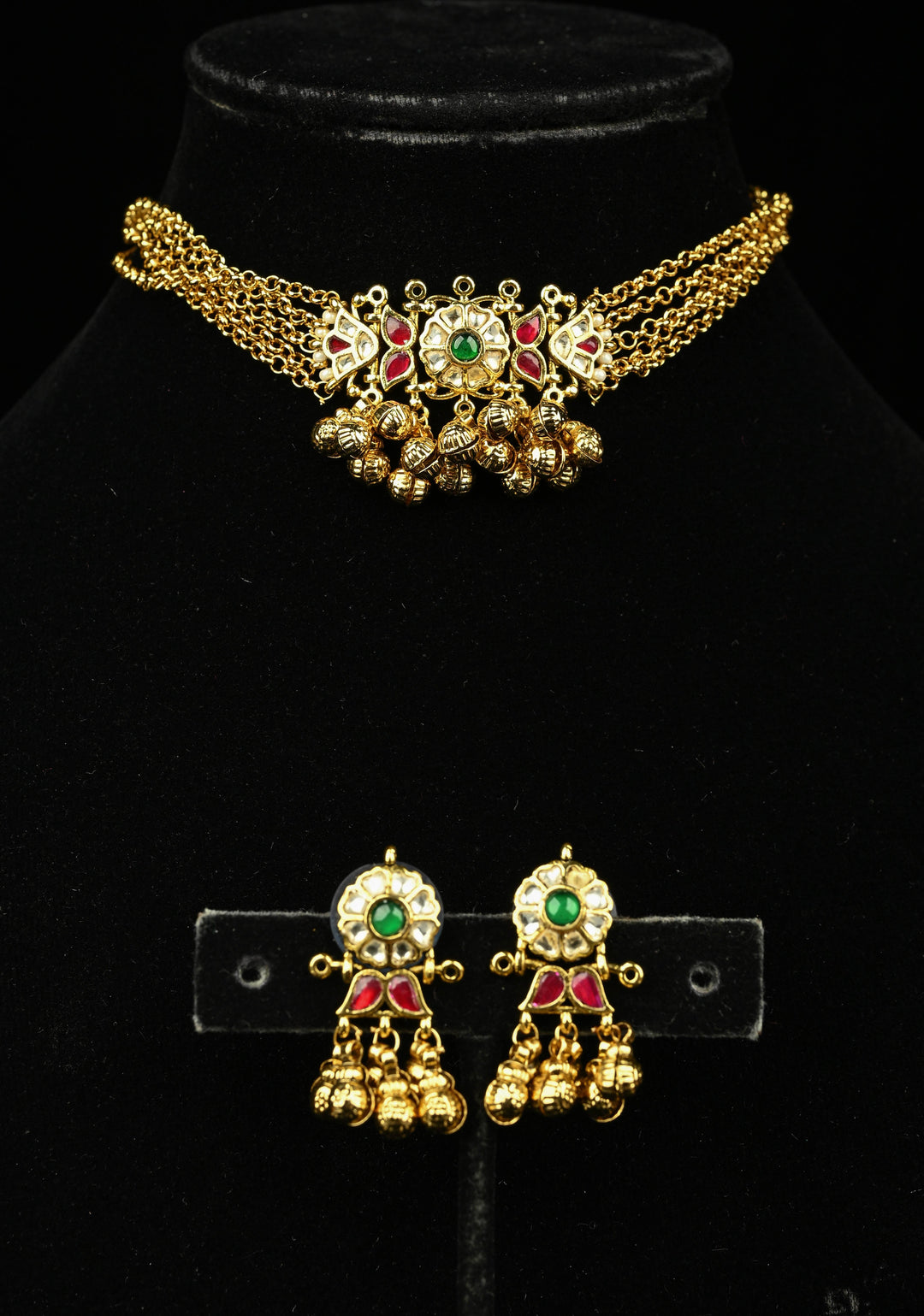 5-Strand Gold Chain Necklace Set with Floral Pendant and Pearls | SHOBITAM