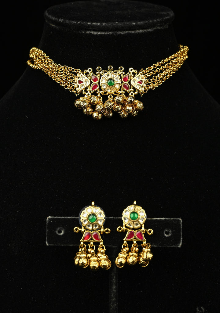 5-Strand Gold Chain Necklace Set with Floral Pendant and Pearls | SHOBITAM