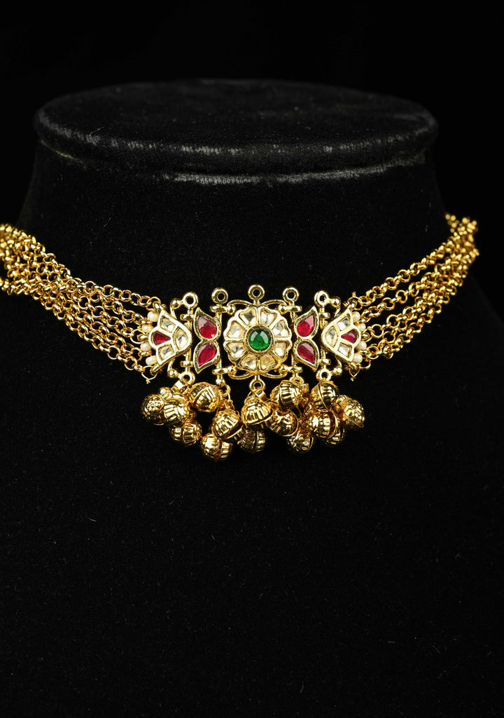 5-Strand Gold Chain Necklace Set with Floral Pendant and Pearls | SHOBITAM