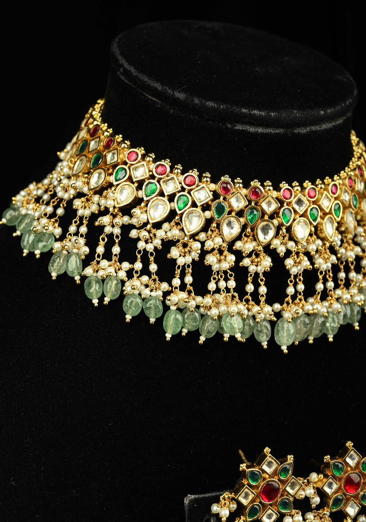 Traditional Statement of Ahmedabadi Jadau Kundan Choker Necklace Set with Green Beads
