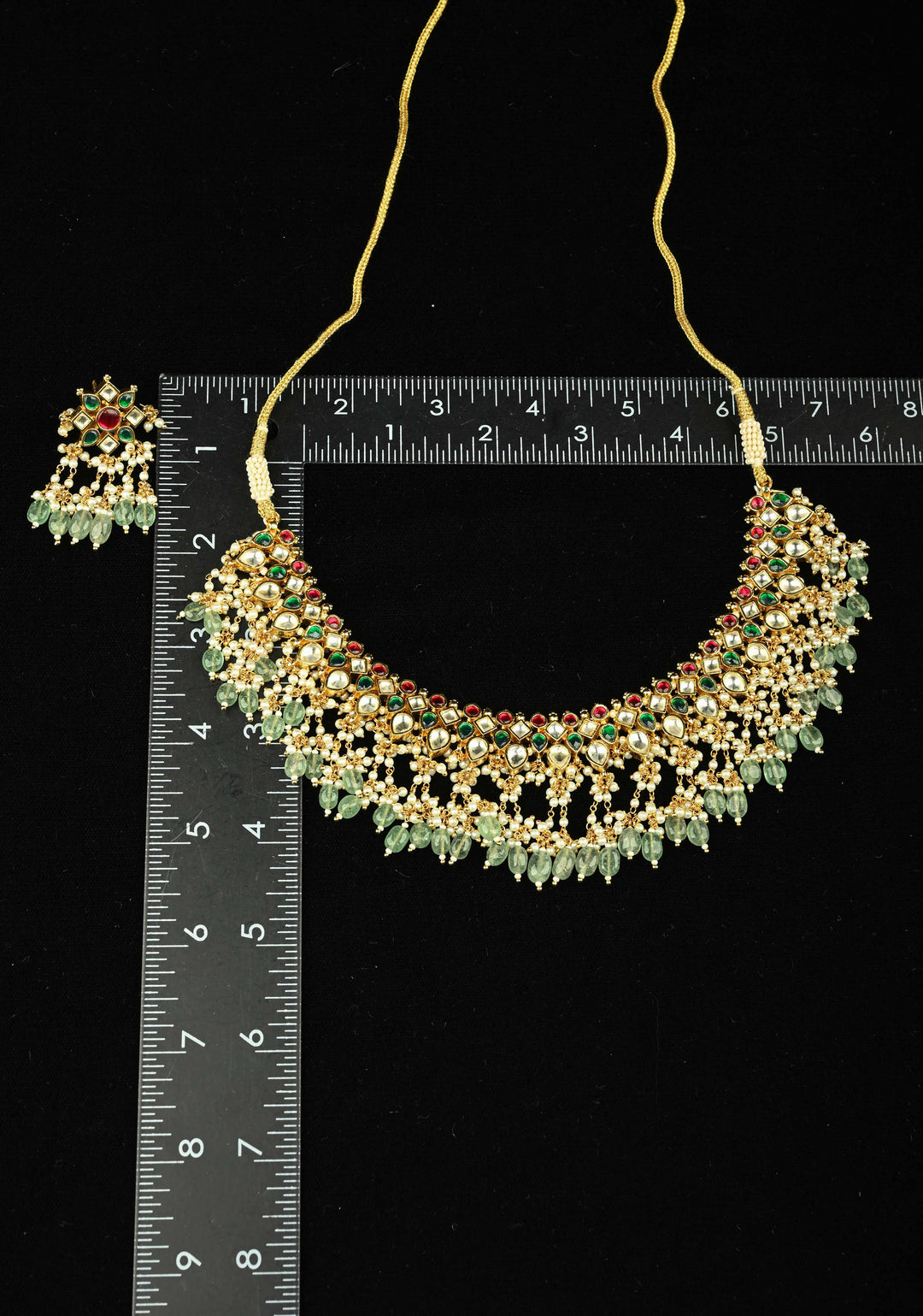 Traditional Statement of Ahmedabadi Jadau Kundan Choker Necklace Set with Green Beads