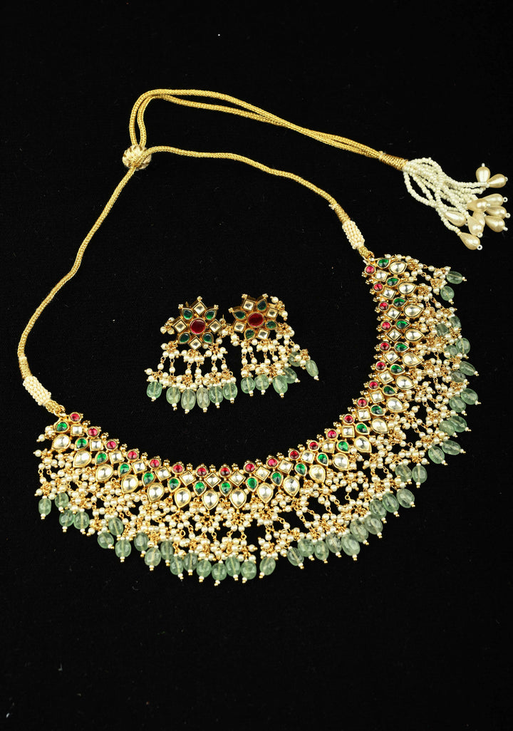 Traditional Statement of Ahmedabadi Jadau Kundan Choker Necklace Set with Green Beads