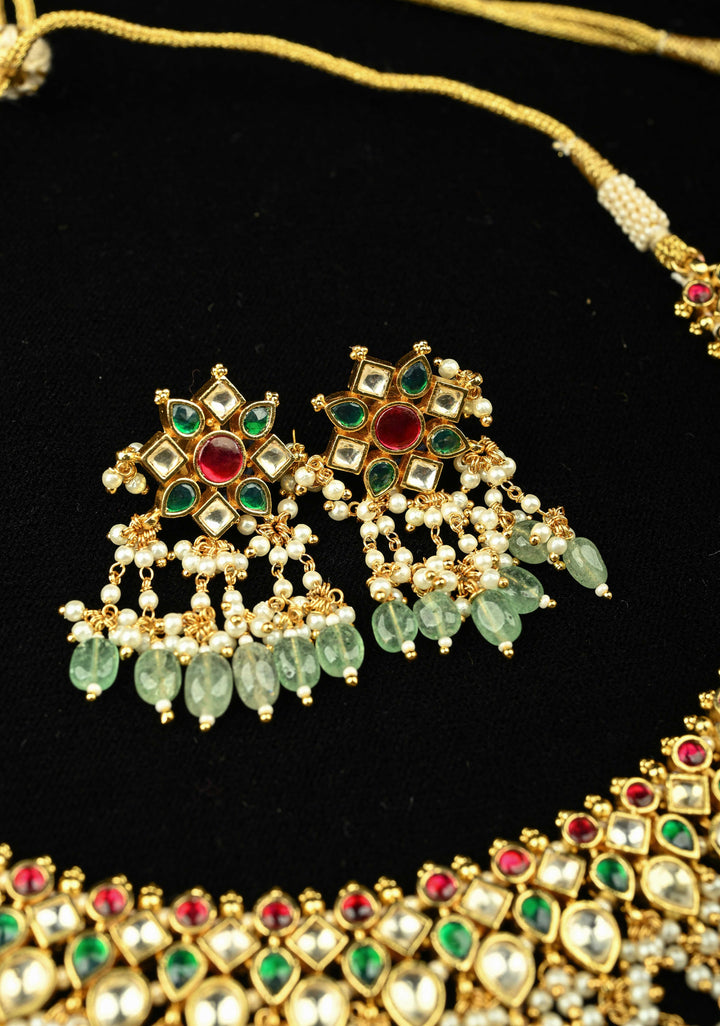 Traditional Statement of Ahmedabadi Jadau Kundan Choker Necklace Set with Green Beads