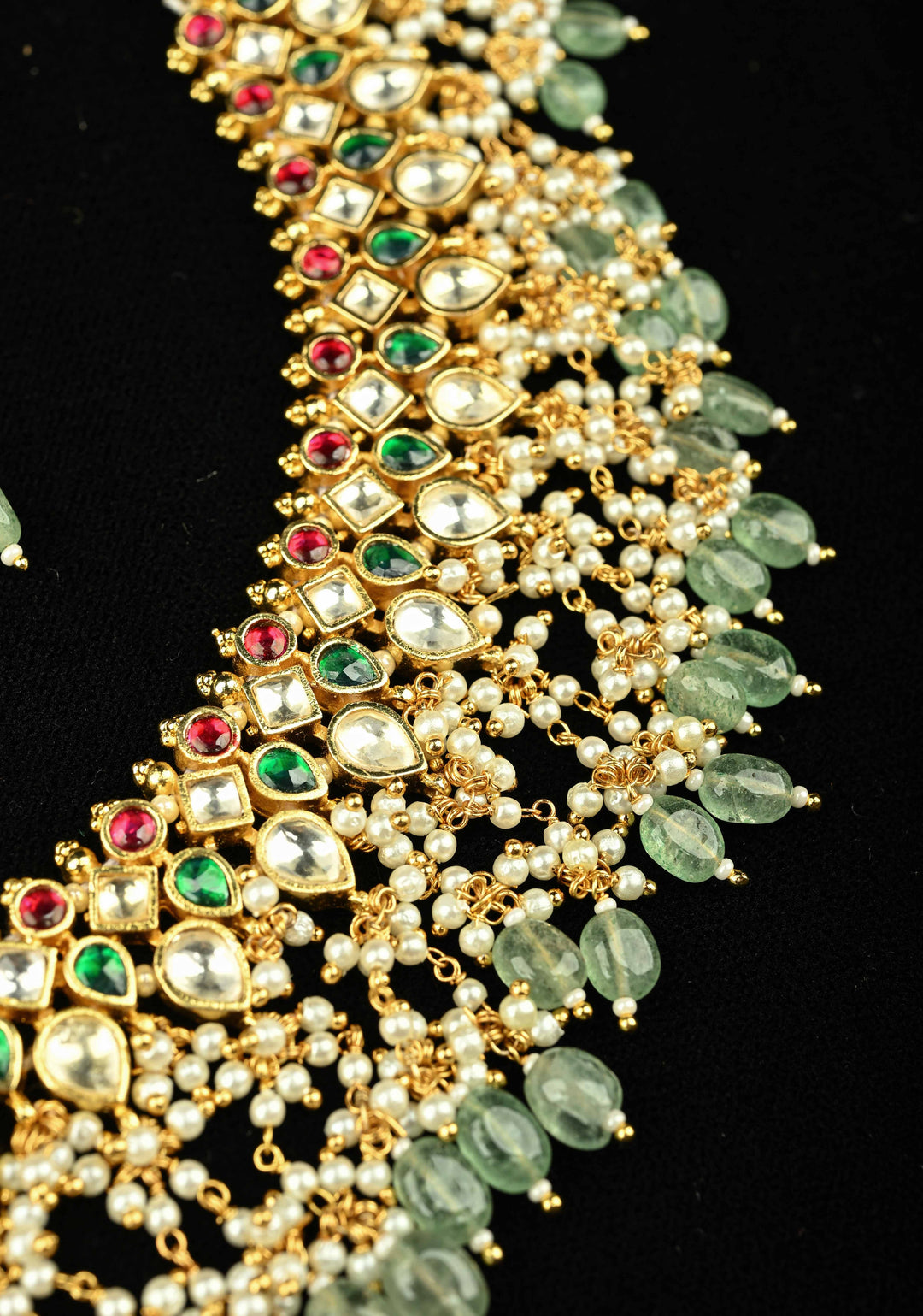 Traditional Statement of Ahmedabadi Jadau Kundan Choker Necklace Set with Green Beads