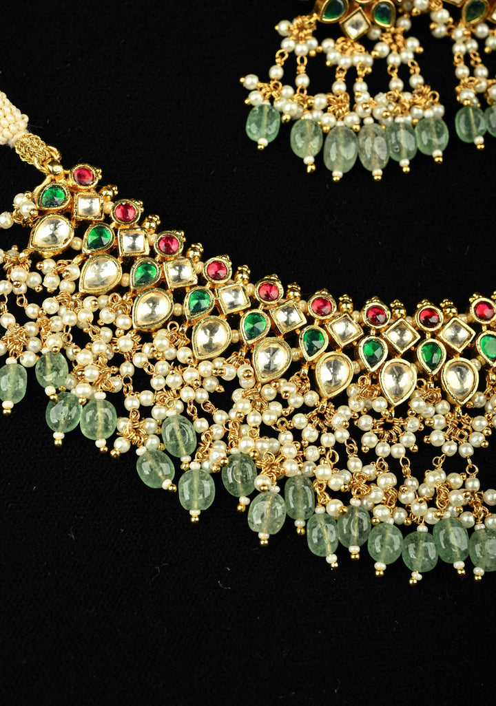 Traditional Statement of Ahmedabadi Jadau Kundan Choker Necklace Set with Green Beads