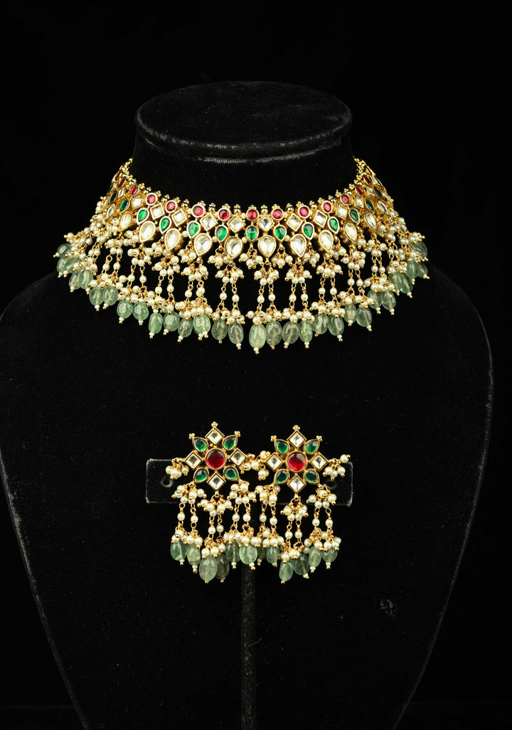 Traditional Statement of Ahmedabadi Jadau Kundan Choker Necklace Set with Green Beads